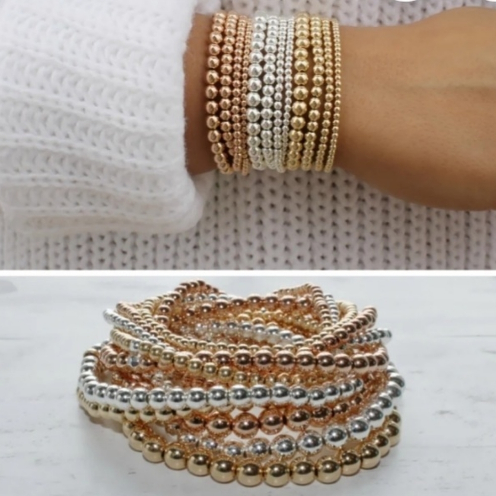 14k Rose Gold/Silver Plated Stackable Bead Bracelets - Picture 1 of 16